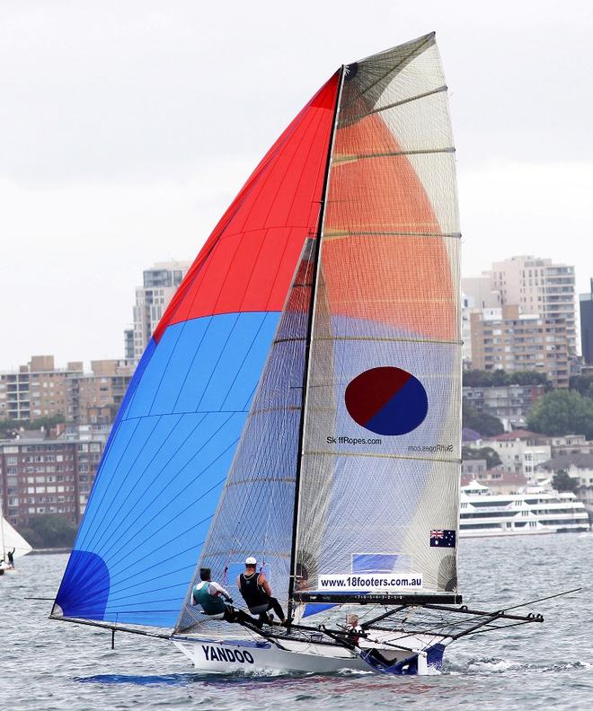 The Yandoo team were in second place for most of the three-lap course – 18ft Skiffs Spring Championship ©  Frank Quealey / Australian 18 Footers League